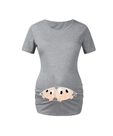 Maternity Top Short Sleeve Funny Pregnancy Tee Cute Baby Pregnant Women T Shirts - Twin Grey L