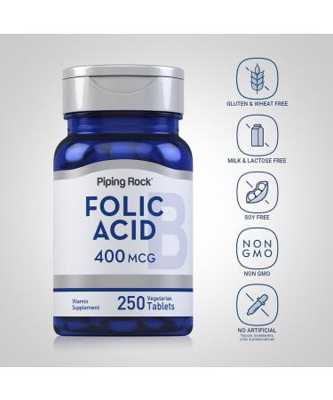 Piping Rock Folic Acid | 400mcg | 250 Vegetarian Tablets | Non-GMO Gluten Free Supplement - Buy Online on GoSupps.com