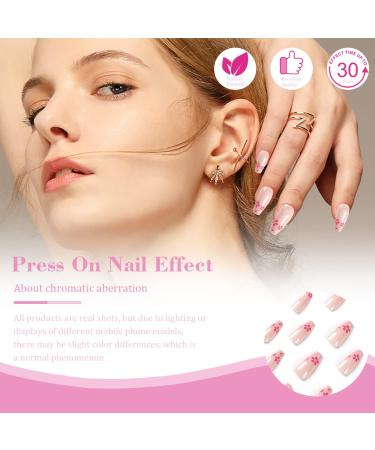 24PCS Pink Flower Press on Nails - Medium Square Glossy False Nails with Glue for Women - Spring Nail Decoration with Cute Flowers Design - Buy Online on GoSupps.com