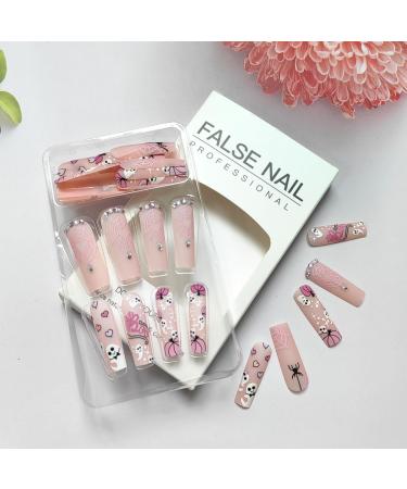 Halloween Press on Nails - Long Square Glue on Nails with Cute Pumpkin & Spider Web Designs | 24 Pcs DIY Ghost Nail Art Decoration for Women - Buy Online on GoSupps.com