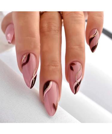 24pcs Short Almond False Nails Pink Stick on Nails Brown Wave Press on Nails Glitter Gold Removable Glue-on Nails Fake Nails Women Girls Nail Art Accessories 0217Y96