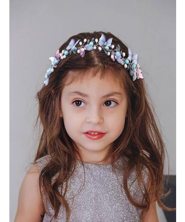 IYOU Flower Girl Headband Butterfly Blue Headpiece Princess Communion Wedding Hair Accessories for Girls