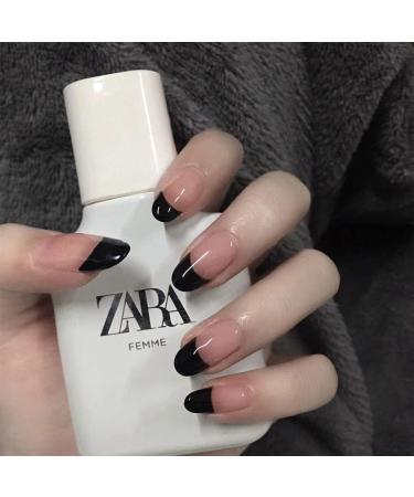 Justotry 24 Pcs Almond Short False Nails Glossy Black French Press on Nails - Oval Medium Stick on Nails with Nail Glue for Women's Nail Art - Buy Online on GoSupps.com