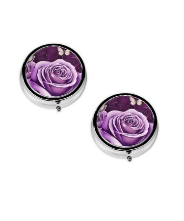 (Purple Butterfly) Round Pill Box 3 Compartment Pill Box Mini Decorative Pocket Purse Portable Travel Medicine Tablet Vitamin Holder Organizer Pill Case