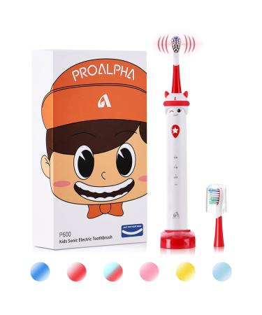 Sonic Electric Toothbrush for Kids Rechargeable Electric Toothbrushes, 3 Modes with Timer Cartoon Design Toddler Kid Electric Toothbrushes for Boy, Wireless USB Fast Charging, 2 Brush Heads, White Red White