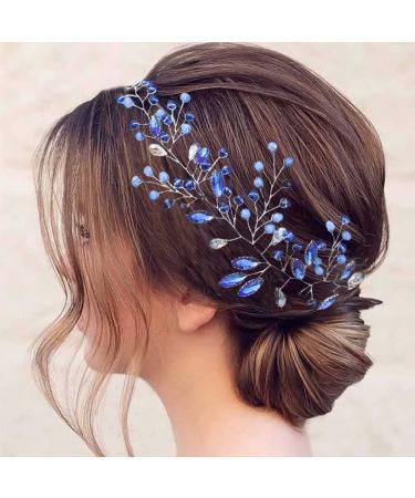 Flayem Bride Wedding Hair Vine Blue Crystal Leaf Headband Rhinestone Headpiece Hair Accessories for Women and Flower Girls