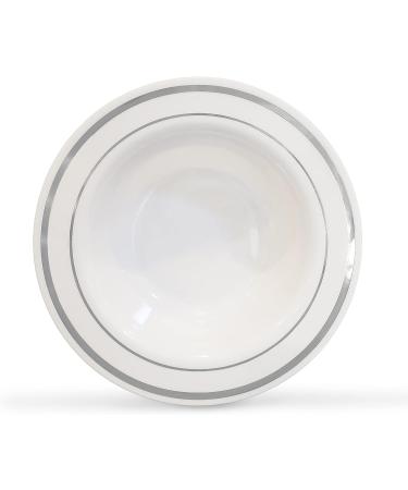 Silver Rimmed White Bowls 5oz - 50 Count - Hard Plastic - Disposable/Reusable - Dessert, Salad, Cereal, Pasta Bowls - Buy Online on GoSupps.com