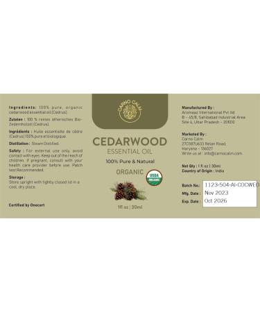 Carno Calm Cedarwood Essential Oil | 100% Pure & Natural Cedar Oil | for Hair Skin Focus Wood | Woody and Earthy Aroma for Clarity | Diffuser Fragrance Oil Soaps Candles | 30ml Cedarwood 30 ml (Pack of 1) - Buy Online on GoSupps.com