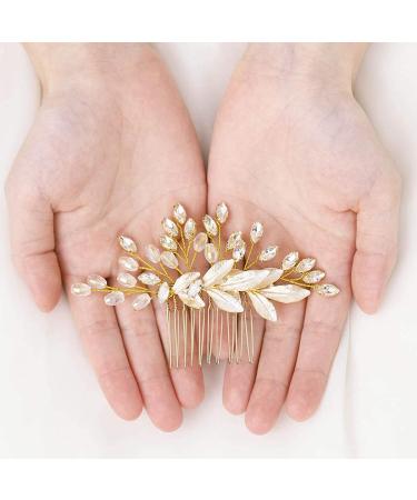 Latious Bride Wedding Hair Comb Gold Crystal Bridal Hair Clip Leaf Hair Piece Bead Hair Accessories for Women and Girls (Gold)