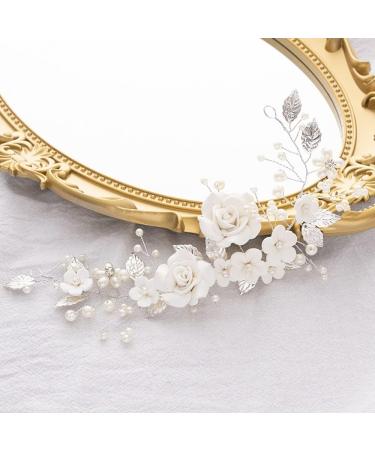 Flower Bride Headband Pearl Rhinestones Headpiece Leaf Crystal Hair Vine Silver Hair Band Wedding Headdress Bridesmaid Hair Accessories for Women Gift Evening Prom Party (silver) - Buy Online on GoSupps.com