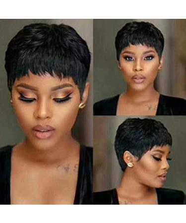 Guree Hair Glueless Wear and Go Wig Pixie Cut Human Hair Wigs for Black Women None Lace Front Wig Short Pixie Cut Layered Wigs with Bangs for Daily Wear (Black) 3 Inch 1B