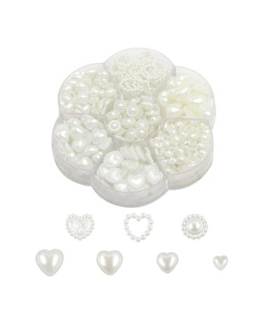 Pearl Heart Nail Charms 1Box About 460 Pieces Mixed White Flat Back Imitation Pearl Nail Art Charms 3D Sun Flower Love Heart Pearls for Crafts DIY Manicure Accessories