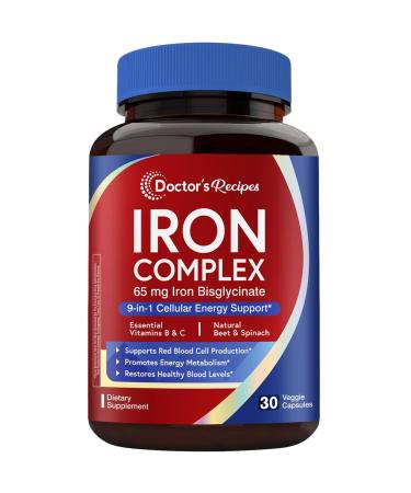 Doctor's Recipes Iron Supplement for Women 65 mg Iron Bisglycinate w/Vitamins C B6 Folic Acid & B12 Beet Root & Spinach Energy Production & Blood Health Stomach Friendly 30 Vegan Capsules