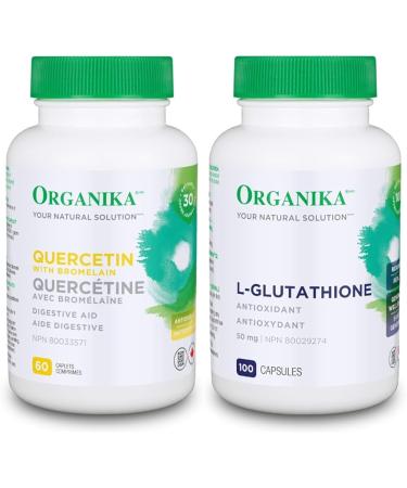 Organika Quercetin with Bromelain- High Availability Immune System Support Allergy and Inflammation Support- 60tabs & L-Glutathione (Reduced) Antioxidant and Detox Support -100 Caps 60 count (Pack of 1) Nutritional Supplement + L-GLUTATHIONE