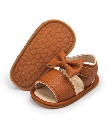 Sonsage Infant Baby Girls Boys Summer Sandals Newborn Bowknot Crib Sandal Outdoor Beach Toddler Pu Leather Soft Rubber Sole Dress Flats First Walker Shoes 3-6 Months A01 Brown