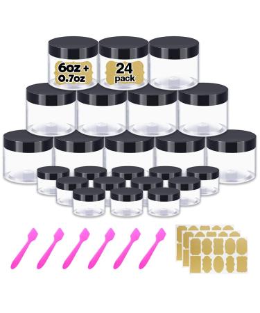6 oz Small Plastic Containers with Lids Plastic Jars with Lids + 20g/20ml Small Containers with Lids Cosmetic Sample Jar (24 Pack) - for Lip Scrub, Body Butters, Cream, Slime, Craft Storage 6oz+0.7 Ounce Black Lid