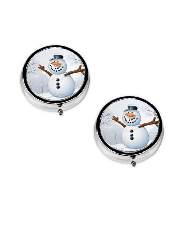 (Merry Christmas with Happy Snowman) Round Pill Box 3 Compartment Pill Box Mini Decorative Pocket Purse Portable Travel Medicine Tablet Vitamin Holder Organizer Pill Case