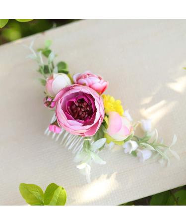 Fangsen Silver Wedding Rose Flower Pinecones Hair Comb | Bridal Floral Christmas Hair Clip (Pink) - Buy Online on GoSupps.com