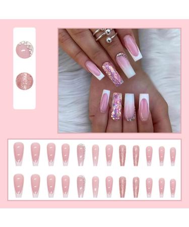 Justotry Glitter French Fake Nails - 24 Pcs White & Pink Diamond Patterns | Medium Ballerina Shape Acrylic Coffin False Nails with Glue - Buy Online on GoSupps.com