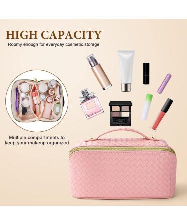 Aucuu Large Capacity Pink PU Leather Travel Cosmetic Bag for Women - Waterproof Makeup Organizer with Handle for Girls - Portable Layered Storage - #11 - Buy Online on GoSupps.com