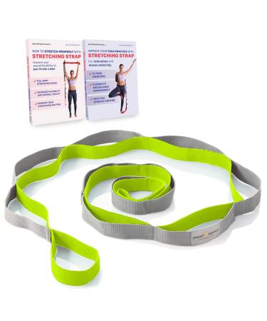 sport2people Stretching Strap for Yoga, Flexibility, Rehabilitation - 2 Free Exercise Ebooks - Get Flexible with 12-Loop Stretch Band for Rehab, Recommended by Physical Therapists and Trainers gray-dark green