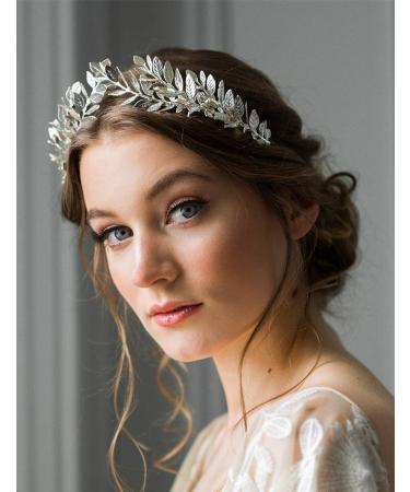 Anglacesmade Bridal Headband Leaf Vine Headband Gold Leaf Crown Leaf Tiara Wedding Headpiece Bridesmaid Prom Festival Hair Accessories for Women and Girls(Silver)