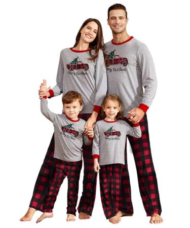 IFFEI Christmas Pyjamas Matching Family Pajamas Sets Xmas Pjs Letter Print Tops and Plaid Pants Sleepwear Nightwear for Women Men Kids Baby Pet Baby 3-6 Months Grey/Truck