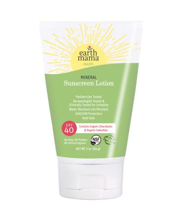 Earth Mama Baby Mineral Sunscreen Lotion SPF 40 | Reef Safe, Non-Nano Zinc, Contains Organic Shea Butter & Calendula, 3-Ounce 3 Ounce (Pack of 1) Baby - Lotion