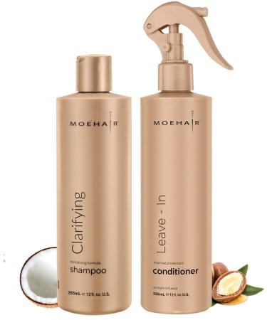 MOEHAIR Combo (Clarifying Shampoo -12 Fl. Oz & Leave-In Conditioner - 12 Fl. Oz) Scalp Detoxifying Shampoo | Eliminates Dirt & Product Build-up | Hydrates & Moisturizes | Paraben & Sulfate Free
