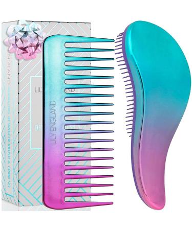Detangling Brush and Wide Tooth Comb Set - Lightweight Hair Brush and Comb for Women and Kids Easy to Hold Hairbrush for Wet or Dry  Fine  Curly  Thick  Afro Hair by Lily England - Ombre (Blue/Lilac) Mermaid