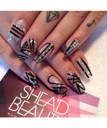 Press on Nails Medium Fake Nails Black Plaid pattern False Nails with Dot diamond Press on Nails Designs Acrylic Nails Press on Artificial Nails Stick on Nails For Women Girls 24Pcs