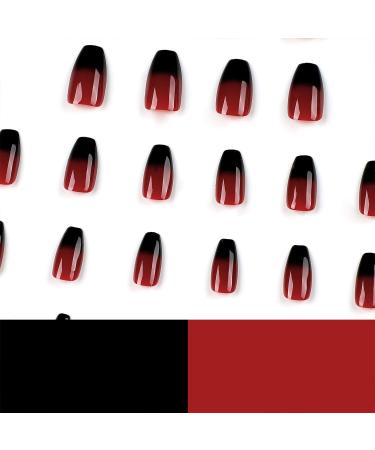 Buy Halloween Press On Nails | Short Coffin Ombre Acrylic Nails - 24 Pcs Red & Black Glossy Full Cover for Women - Buy Online on GoSupps.com