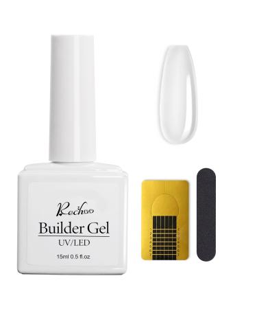 Rechoo Builder Gel-15ML Clear Builder Nail Gel in a Bottle with Nail Forms Transparent Harder Gel Base Strengthening Gel for Nail Extension Nail Construction Gel Polish for French Nail Art A-Transparent