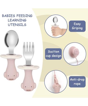 Vicloon Baby Fork and Spoon Set - BPA Free Soft Silicone & Stainless Steel Baby Feeding Utensils - Learning Spoon for Toddlers & Children - Pink - Buy Online on GoSupps.com