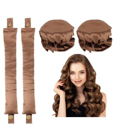 Heatless Hair Curler 2PCS Satin Heatless Curls Set Heatless Curlers Headband with Hairnet Hair Curlers No Heat Heatless Curling Set For Sleeping Overnight Lazy Curlers DIY Hair Styling Tools (Coffee)