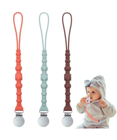 Pacifier Clips for Baby Boys and Girls 3 Pack One Piece Silicone Beads Pacifier Leash Holder Flexible Binkie Styles Baby Teether Toys with Texture for Teething Shower Gift for Newborn BPA Free