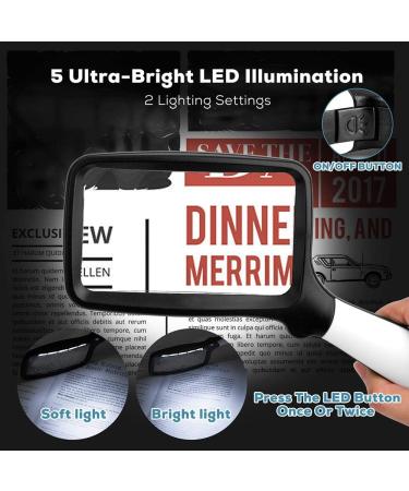 Folding Handheld Magnifying Glass with Dimmable LED Light - 3X Large Rectangle Reading Magnifier for Seniors with Macular Degeneration - Ideal for Newspaper, Books, Small Print - Lighted Gift for Low Vision - Black and White - Buy Online on GoSupps.com