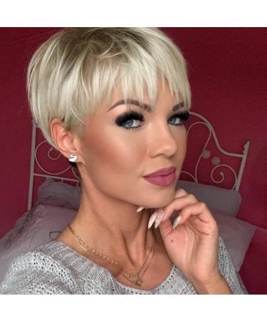MIMAN Short Platinum Blonde Pixie Cut Wig Fluffy Short Hair Wigs with Bangs Dark Color Roots Layered Hair Natural Looking Synthetic Wigs for Women Costume Wigs A-Platinum Blonde