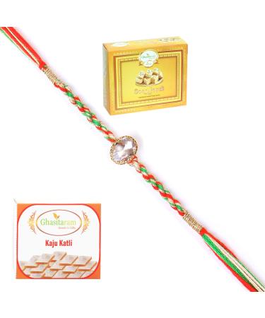Ghasitaram Gifts Rakhi for Brother Rakhis Online - 6377 Fancy Thread Rakhi with 200 GMS of Kaju katli and 200 GMS of Soan Papdi