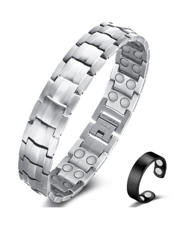 Vicmag Magnetic Bracelet Men Titanium Steel Magnetic Bracelet Double Row Ultra Strength Magnets with Adjustment Tool and Gift Box (Silver)