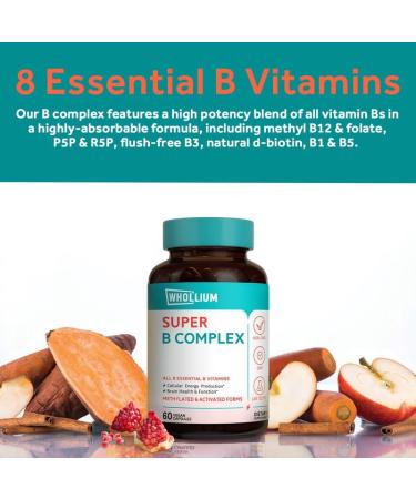 Whollium Vitamin B Complex with Methyl B12, Folate, Niacinamide & Biotin - Energy & Brain Support - 60 Vegan Caps - Buy Online on GoSupps.com