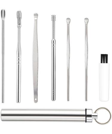 Riquie Spring Ear Wax Cleaner Tool - Portable Stainless Steel Earwax Removal Kit - 7-in-1 Ear Spoon with Brush - Key Chain Storage - Silver - Buy Online on GoSupps.com