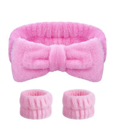 AOMIG Spa Headbands for Women Fluffy Headband for Washing Face Elastic Bowknot Hair Bands with 2 Pcs Wrist Straps Microfiber Elastic Women & Girls' Head Band for Makeup Shower Sports(Pink) 3-piece set Pink