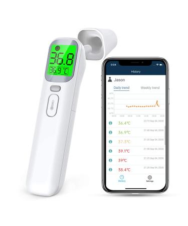 Wellue Non Contact Thermometer, Thermometer Infrared Forehead for Fever, Ear Thermometer for Baby, Kids and Adults, with Smart App, Bluetooth Connection, Memory Recall, Fever Alarm Bluetooth Version