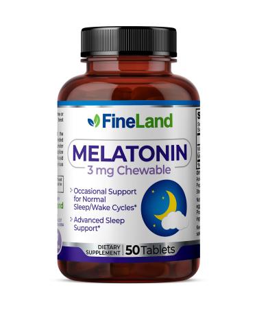 FineLand MELATONIN 3mg Chewable 50 Tablets 50 Day Supply Fast Dissolve Normal Sleep Wake Cycles Support Sleep Aid Premium Healthy Made in USA