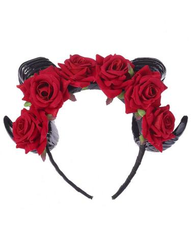 FRCOLOR Horn Flower Headband Headpiece Rose Flower Hair Hoop Headband Mexican Floral Headband Black Halloween Headband for Women Girls(Red)