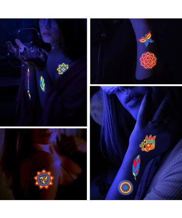 Glow in The Dark Temporary Tattoos - UV Neon Body Face Fake Waterproof Stickers for Rave Festival - 10 Sheets (Style B) - Buy Online on GoSupps.com