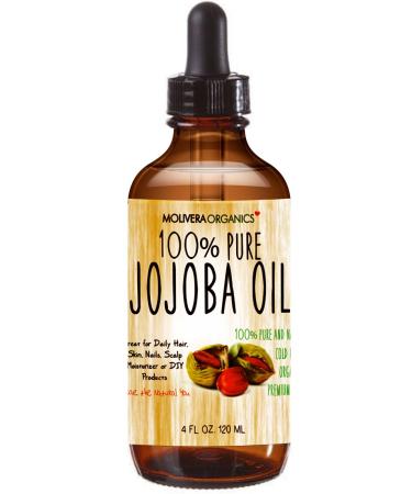 Jojoba Oil - Molivera Organics Premium Jojoba Oil 4 Fl Oz. 100% Pure Organic Cold Pressed Unrefined Best for Hair  Skin  Face & Nails   Great for DIY   UV Resistant Bottle Satisfaction Guarantee 4 Fl Oz (Pack of 1)