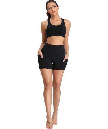 Oalka Women's High Waist Yoga Shorts with Side Pockets - Black - Size Medium - Buy Online on GoSupps.com