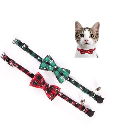 Christmas cat collar kitten neck bands with a removable fly cute checked pattern durable adjustable and comfortable collar for small dogs and cats 2 x Christmas cat neck bands